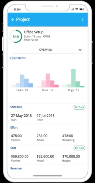 L'interface mobile de Celoxis affichant un aperçu du projet.
